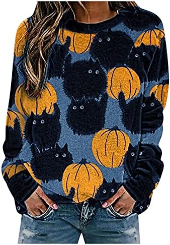 Hoody с дълги ръкави и принтом Хелоуин, дамски блуза със сладка тиква и черна котка, всекидневни свободен пуловер с кръгло деколте