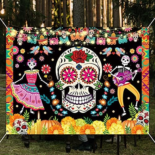 WILDPARTY Ден на Мъртвите Фон 7x5 фута Мексикански Захарен Череп Цветя Фон за Снимки Dia DE Los Muertos Елегантни Вечерни Аксесоари
