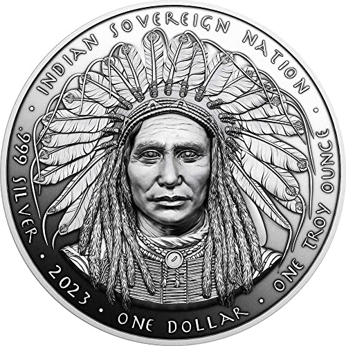 2023 DE Вождът на индианците PowerCoin Crazy Horse Полирана Сребърна монета с тегло 1 унция от 1 долар на Нацията Сие 2023 Без лечение