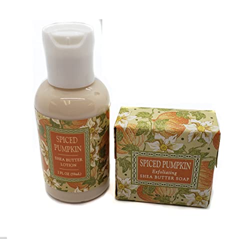 Комплект от есенната колекция Greenwich Bay Търговия: Пикантни тиква - 2 унции мини-сапун в опаковка + 2 унции мини-лосион с масло от шеа, опаковка от 2 броя.