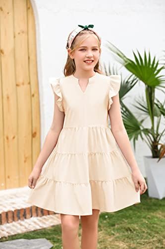 Лятото е мини рокля Febriajuce за Момичета, Милото Диференцирани Рокля-Риза с V-образно деколте и ръкав-накъдрен, с Джобове за Деца от 4 до 14 Години