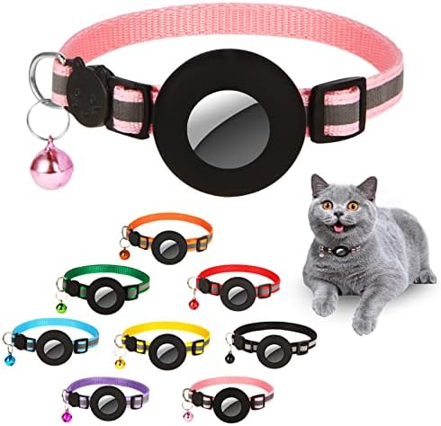TiLanmiy Airtag Cat Collar Breakaway, Отразяващи Нашийници с GPS-притежател на Apple Air Tag и Камбана за котенца и кученца (Розов)
