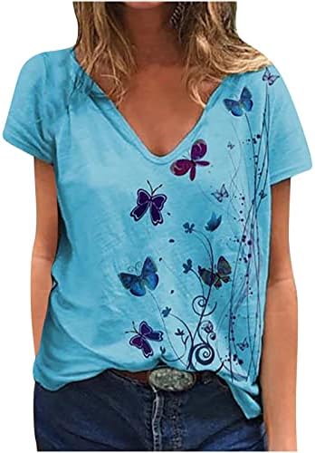 Къс Ръкав 2023 Vneck Пеперуда С Цветен Модел на Свободния Намаляване на Тениска Свободно Намаляване на тийнейджърките, Памук Топ