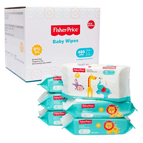 Бебешки кърпички Fisher Price, Противоалергичен, без мирис, с вода, Бебешки Кърпички за Памперси за новородено и Чувствителна кожа - Затваряне, количество в опаковка от 80