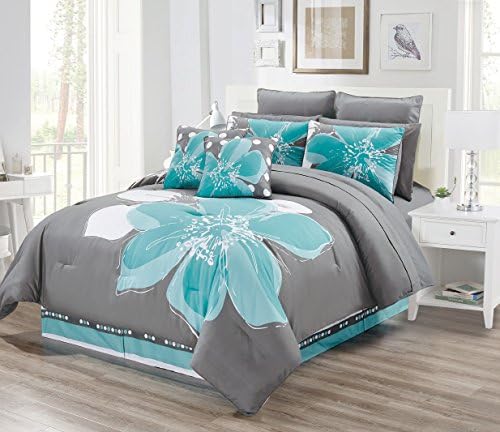 Комплект спално бельо California Cal King Size от 12 теми цвят на Морска Вълна, Сиво, бели цветчета, Спално бельо кралски размери