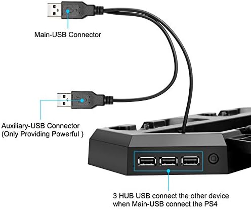 Вертикална поставка MOCREO с охлаждащ вентилатор за PS4 / PS4 Pro, зарядно устройство за две контролери с 12 игрални флашки и зарядно устройство Dualshock 3 Допълнителни портове