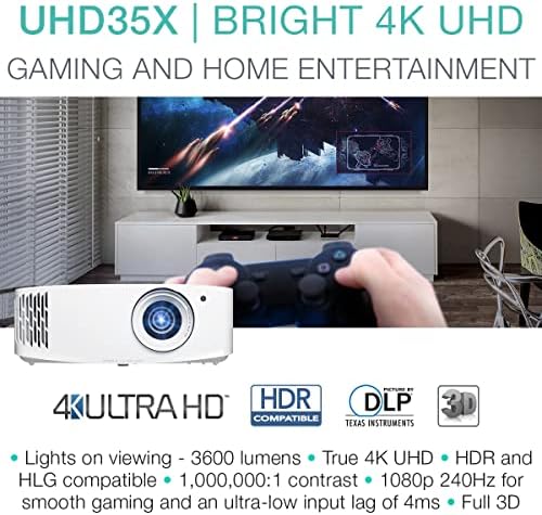 Игри проектор Optoma UHD35x True 4K UHD | 3600 лумена | Време за реакция 4,2 ms при резолюция 1080p с Подобрен режим на хазартни