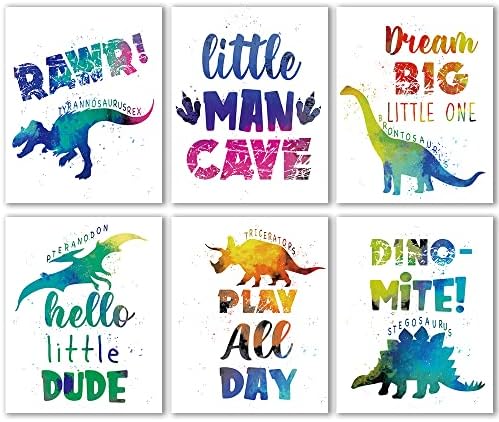 IIILUYOT Стенен декор за детска стая с Динозаври, Вдъхновяващи Акварели Щампи с Динозаври за Детски стаи, Игри стая, Определени