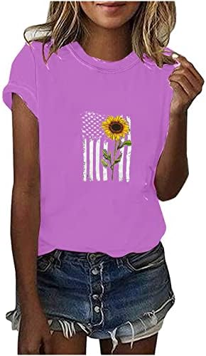 Горната Риза за Жени Лято Есен С Къс Ръкав И Деколте Лодка Ден на Независимостта на Слънчогледа Цветен Графичен Ежедневни Тениска