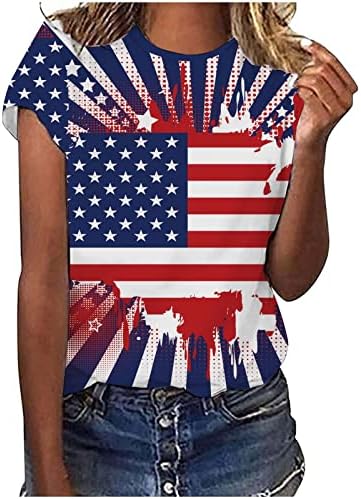 Тениски с къс ръкав, Дамски Тениски с Кръгло Деколте, Флаг на Деня на Независимостта, Цвете Маргаритки, Без Приятелка, Ежедневни