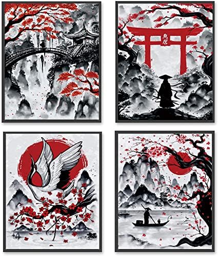 Японски плакати с Пейзажи, Модерни японски Щампи, Реколта Японски Плакати, Стенни Щампи с образа на природата Туш, Самураи в Азиатски
