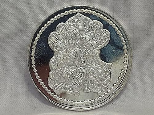 Скъпоценни камъни на Раджастан Сребърна Монета 999 Проба от 10 Грама на Богинята на Вишну Лакшми Нараян Шеш Нага A446.
