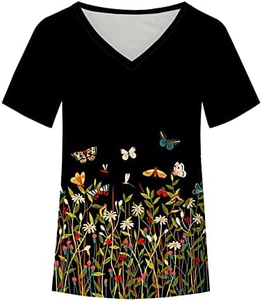 Тениска за Момичета с Къс Ръкав 2023, Дълбоко V-Образно Деколте, Памучен Блуза с Графичен Принтом и Цветен Модел Тениска за Жени,