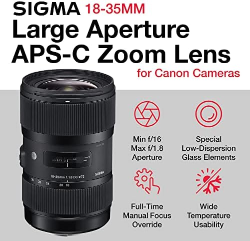Комплект камера Sigma 18-35 мм F1.8 за Canon с обектив Sigma 18-35 мм Canon, предната и задната корици, блендой, калъф за обектив,