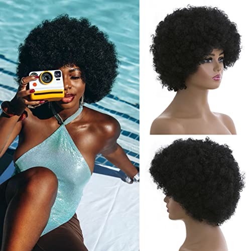 Афро-перуки за черни жени Къса афро-перуки 70-те години за жените Еластични къдрава перуки 70-те години, еластични и меки, естествено