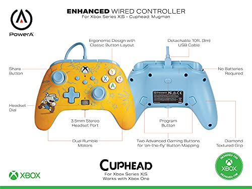 Усъвършенстван кабелен контролер PowerA за Xbox X series|S - Cuphead: Поставка, Геймпад, Кабелна гейм контролер, Гейминг контролер