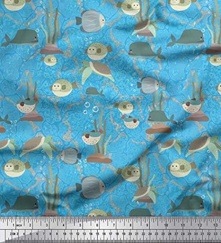 Памучен трикотажная плат Soimoi с щампи във формата на корали, риби и морски костенурки ширина 58 см
